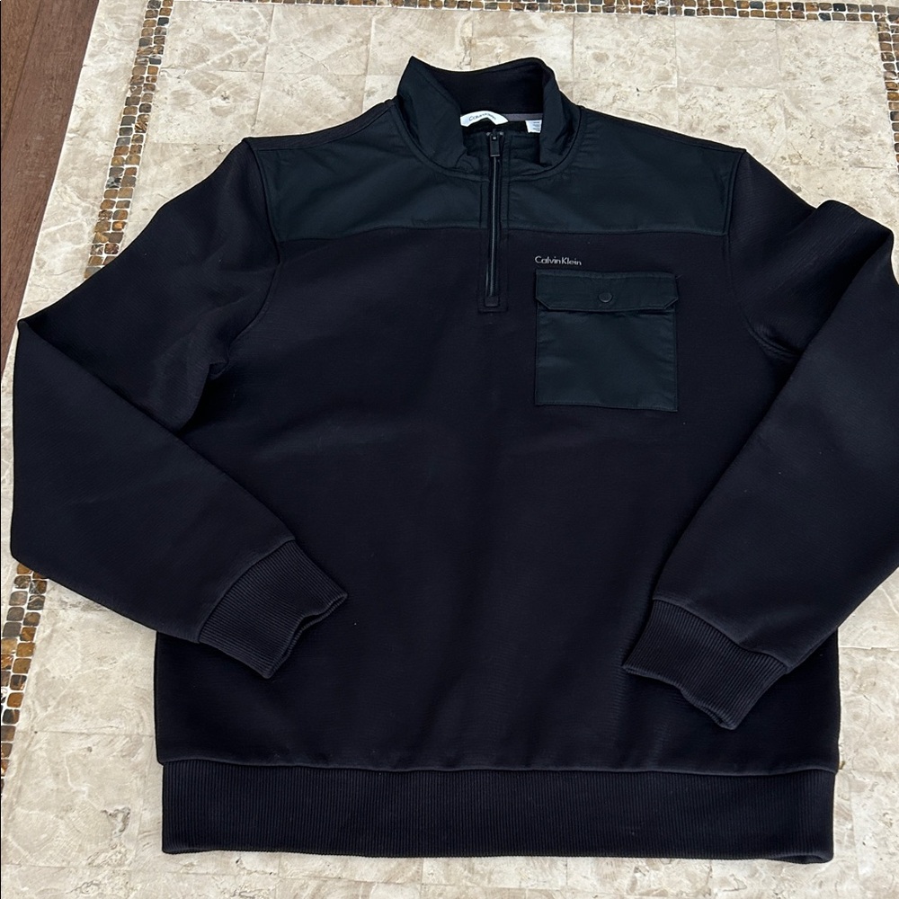 Calvin Klein Men's Black Quarter-Zip Sweater Pullover with Chest Pocket Size M‎